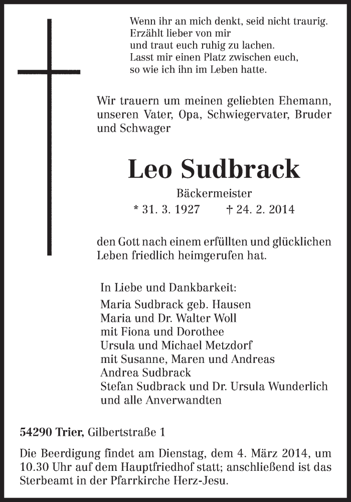  Traueranzeige für Leo Sudbrack vom 01.03.2014 aus trierischer_volksfreund