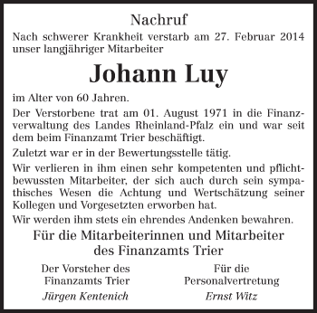 Traueranzeige von Johann Luy von trierischer_volksfreund