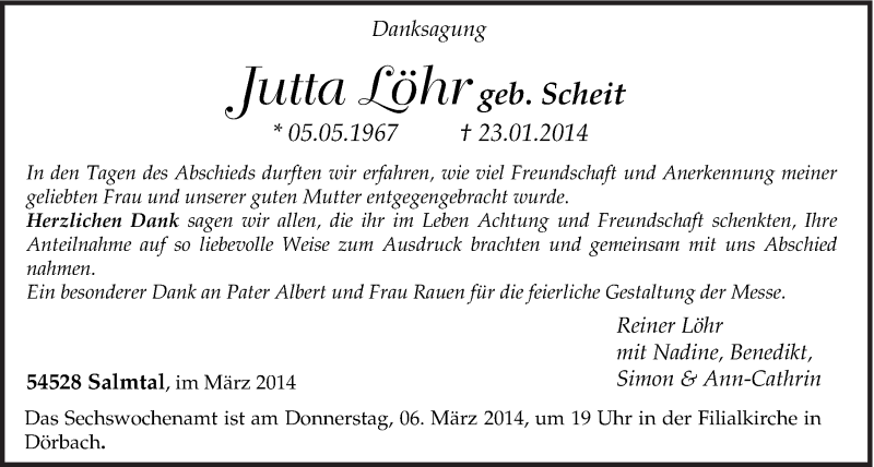  Traueranzeige für Jutta Löhr vom 03.03.2014 aus trierischer_volksfreund