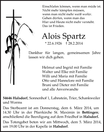 Traueranzeige von Alois Spartz von trierischer_volksfreund