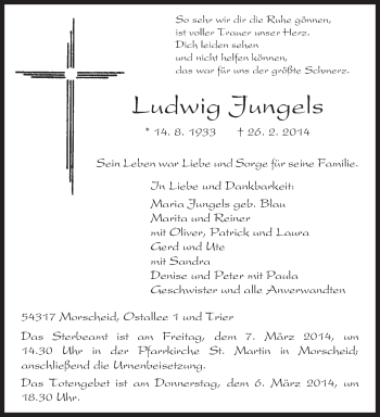 Traueranzeige von Ludwig Jungels von trierischer_volksfreund