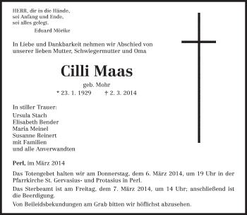 Traueranzeige von Cilli Maas von trierischer_volksfreund