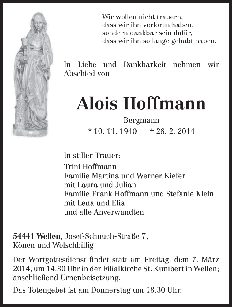  Traueranzeige für Alois Hoffmann vom 05.03.2014 aus trierischer_volksfreund