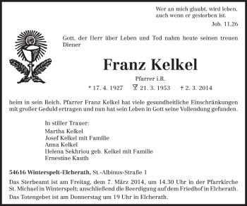 Traueranzeige von Franz Kelkel von trierischer_volksfreund