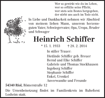 Traueranzeige von Heinrich Schiffer von trierischer_volksfreund