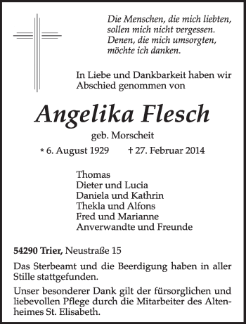 Traueranzeige von Angelika Flesch von trierischer_volksfreund