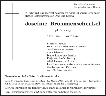 Traueranzeige von Josefine Brommenschenkel von trierischer_volksfreund