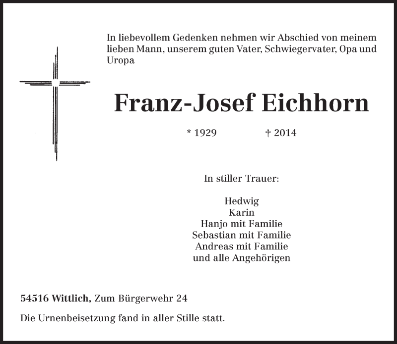  Traueranzeige für Franz-Josef Eichhorn vom 08.03.2014 aus trierischer_volksfreund
