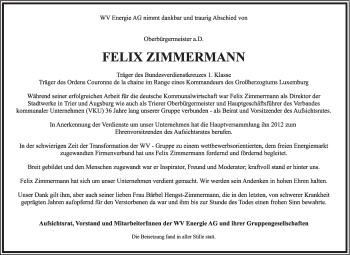 Traueranzeige von Felix Zimmermann von trierischer_volksfreund