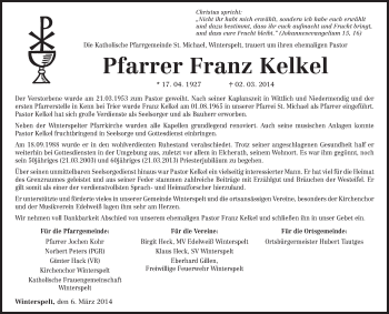 Traueranzeige von Franz Kelkel von trierischer_volksfreund