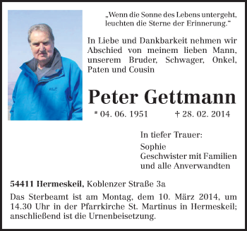 Traueranzeige von Peter Gettmann von trierischer_volksfreund