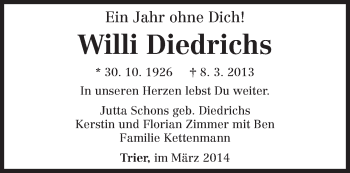 Traueranzeige von Willi Diedrichs von trierischer_volksfreund
