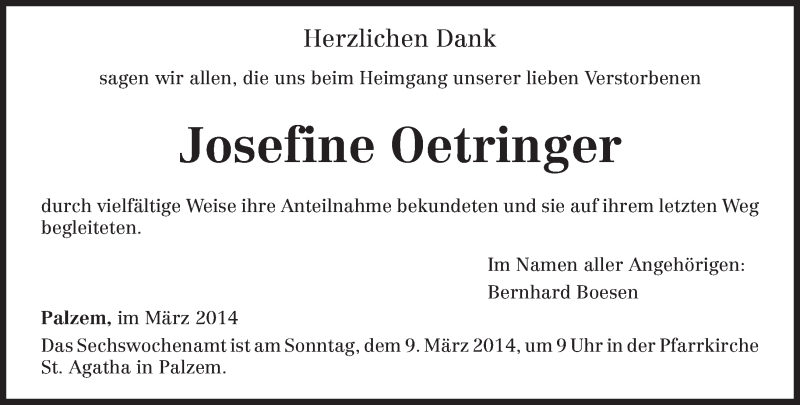  Traueranzeige für Josefine Oetringer vom 08.03.2014 aus trierischer_volksfreund