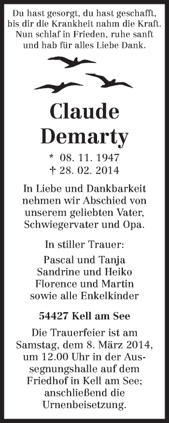 Traueranzeige von Claude Demarty von trierischer_volksfreund