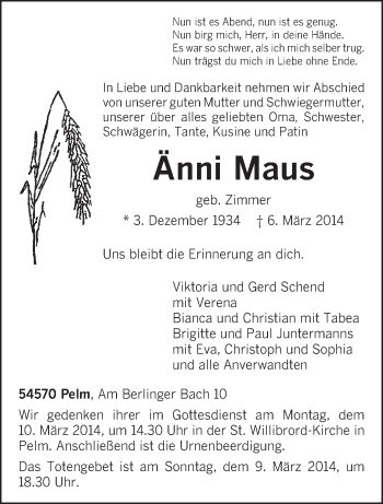 Traueranzeige von Änni Maus von trierischer_volksfreund