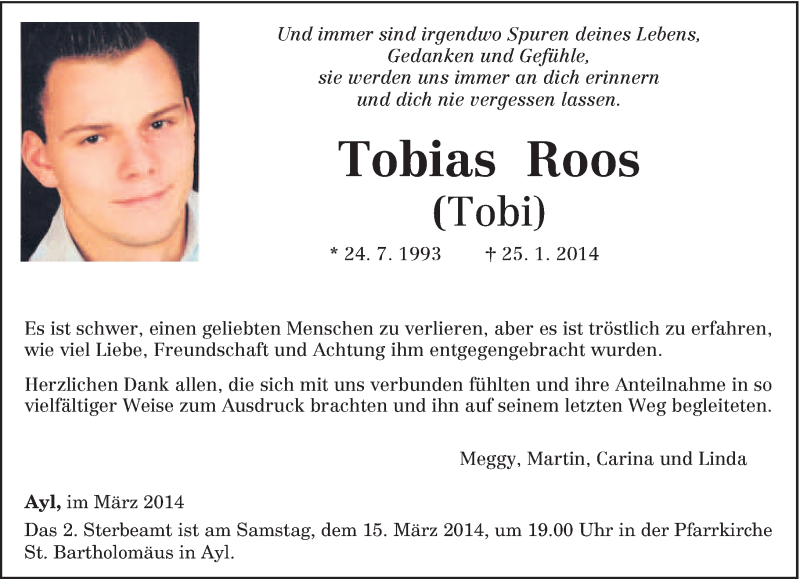  Traueranzeige für Tobias Roos vom 08.03.2014 aus trierischer_volksfreund