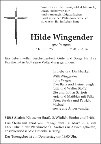 Traueranzeige von Hilde Wingender von trierischer_volksfreund