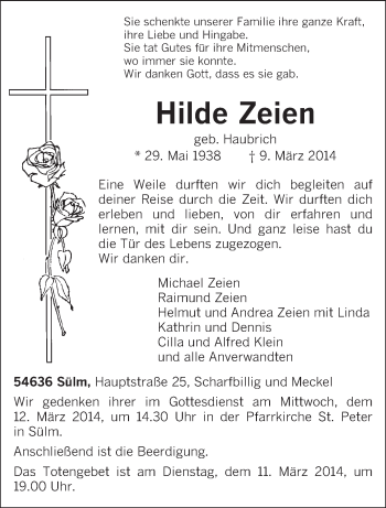 Traueranzeige von Hilde Zeien von trierischer_volksfreund