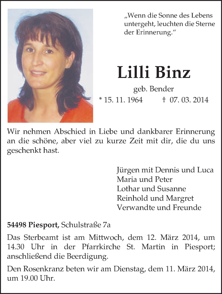  Traueranzeige für Lilli Binz vom 10.03.2014 aus trierischer_volksfreund