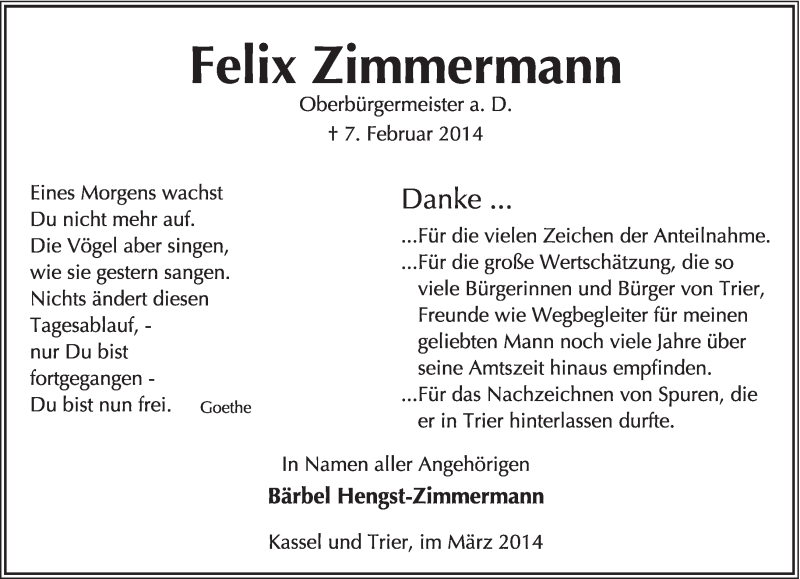  Traueranzeige für Felix Zimmermann vom 13.03.2014 aus trierischer_volksfreund