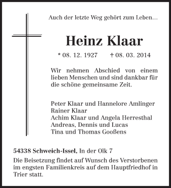 Traueranzeige von Heinz Klaar von trierischer_volksfreund