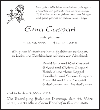 Traueranzeige von Erna Caspari von trierischer_volksfreund