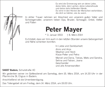 Traueranzeige von Peter Mayer von trierischer_volksfreund