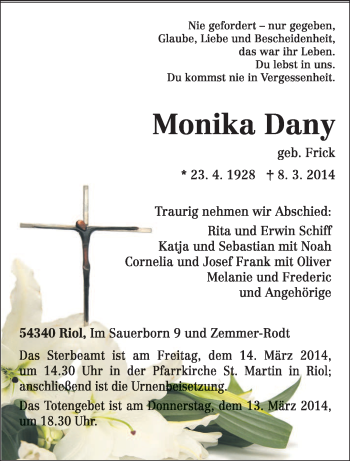 Traueranzeige von Monika Dany von trierischer_volksfreund