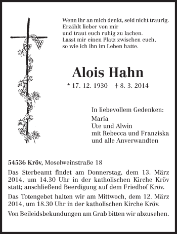 Traueranzeige von Alois Hahn von trierischer_volksfreund