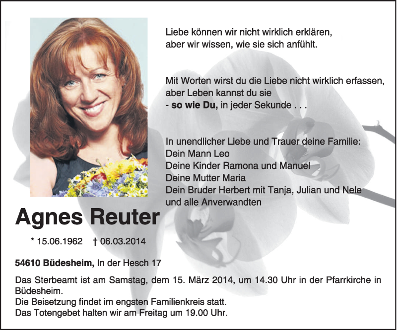  Traueranzeige für Agnes Reuter vom 11.03.2014 aus trierischer_volksfreund