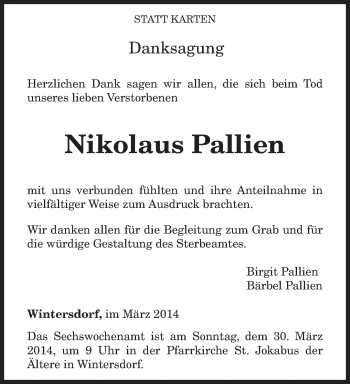 Traueranzeige von Nikolaus Pallien von trierischer_volksfreund