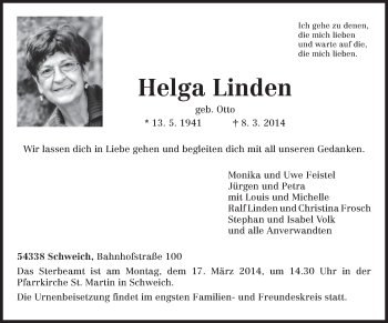 Traueranzeige von Helga Linden von trierischer_volksfreund