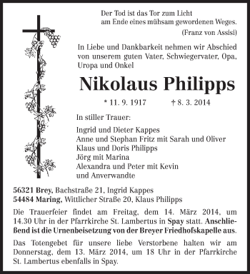 Traueranzeige von Nikolaus Philipps von trierischer_volksfreund