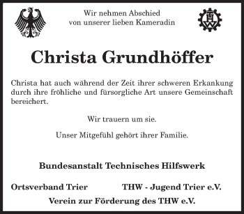 Traueranzeige von Christa Grundhöffer von trierischer_volksfreund