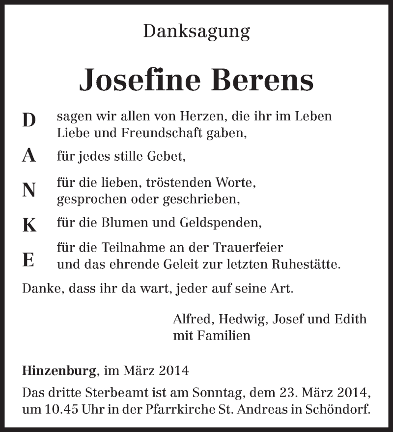  Traueranzeige für Josefine Berens vom 15.03.2014 aus trierischer_volksfreund