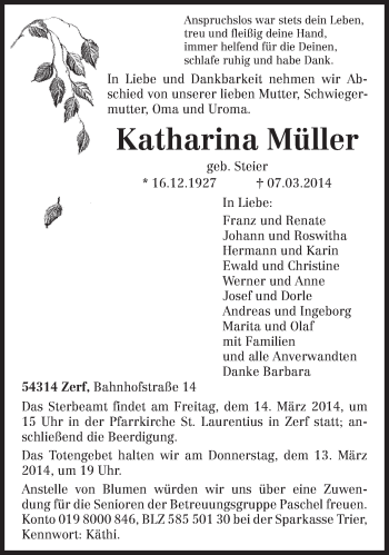 Traueranzeige von Katharina Müller von trierischer_volksfreund