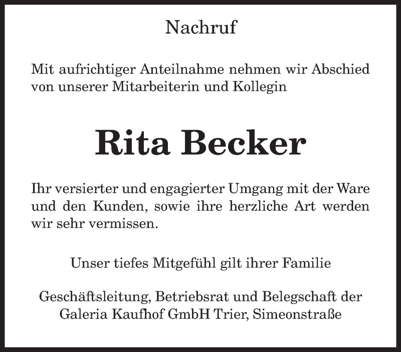  Traueranzeige für Rita Becker vom 13.03.2014 aus trierischer_volksfreund