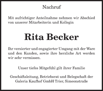Traueranzeige von Rita Becker von trierischer_volksfreund