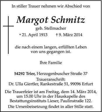 Traueranzeige von Margot Schmitz von trierischer_volksfreund