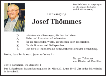 Traueranzeige von Josef Thömmes von trierischer_volksfreund