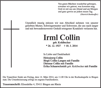 Traueranzeige von Irml Collin von trierischer_volksfreund