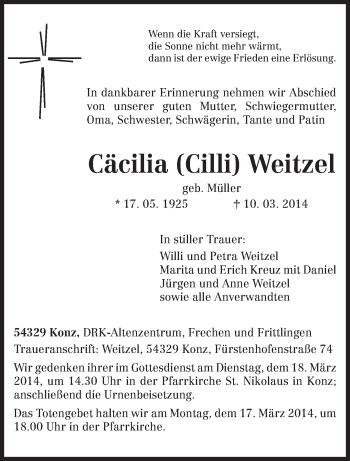 Traueranzeige von Cäcilia  Weitzel von trierischer_volksfreund