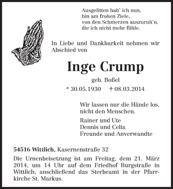 Traueranzeige von Inge Crump von trierischer_volksfreund