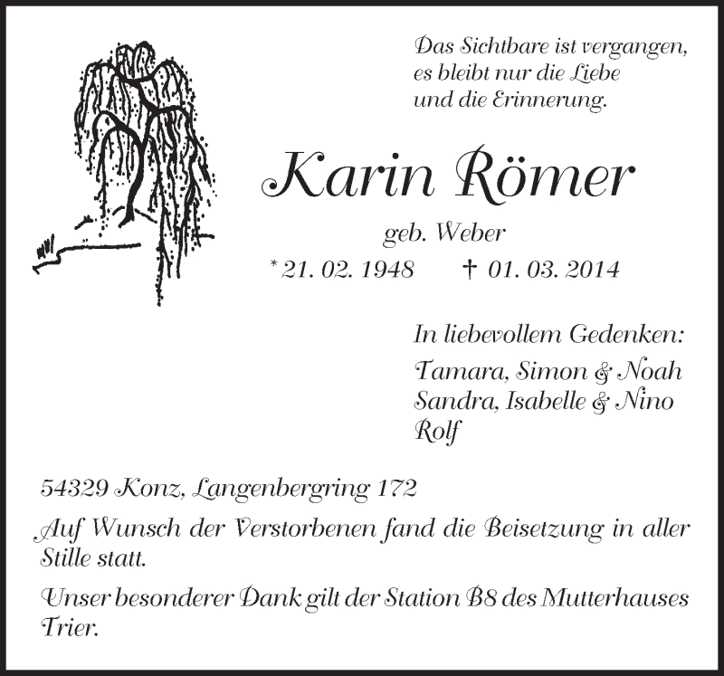  Traueranzeige für Karin Römer vom 15.03.2014 aus trierischer_volksfreund