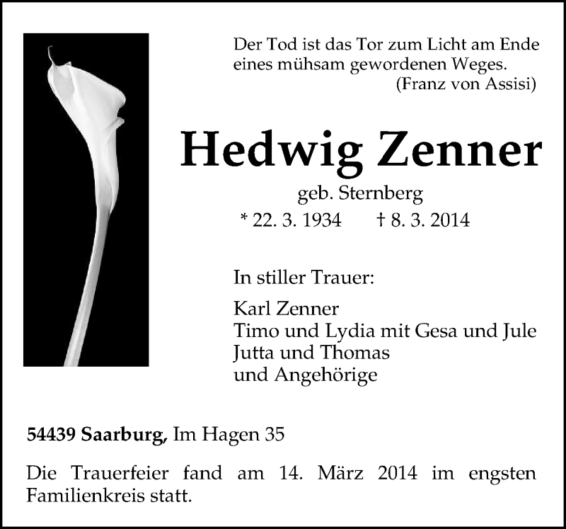  Traueranzeige für Hedwig Zenner vom 15.03.2014 aus trierischer_volksfreund