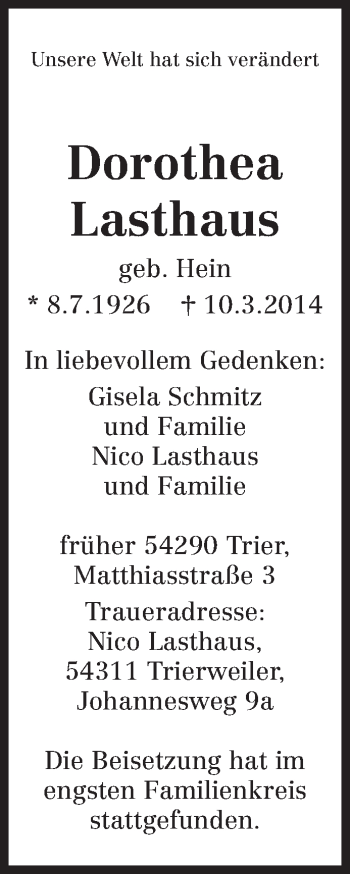 Traueranzeige von Dorothea Lasthaus von trierischer_volksfreund
