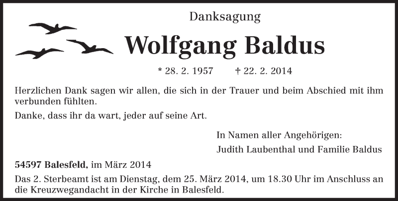  Traueranzeige für Wolfgang Baldus vom 22.03.2014 aus trierischer_volksfreund