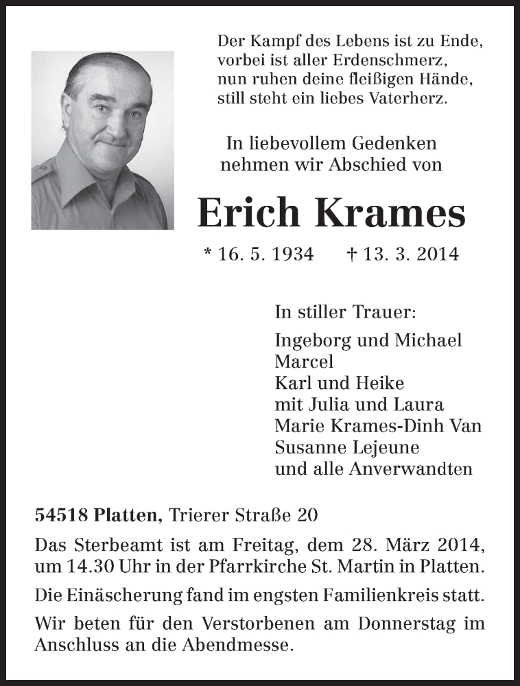  Traueranzeige für Erich Krames vom 22.03.2014 aus trierischer_volksfreund