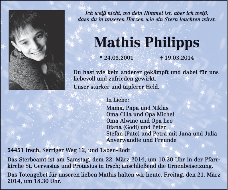  Traueranzeige für Mathis Philipps vom 21.03.2014 aus trierischer_volksfreund