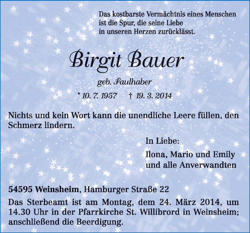  Traueranzeige für Birgit Bauer vom 21.03.2014 aus trierischer_volksfreund